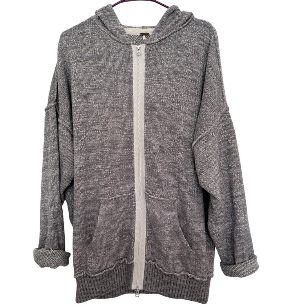 Free People Sz M In Bloom Knit Hoodie Sweater Gray White Oversized Full Zip Boho - Picture 2 of 15